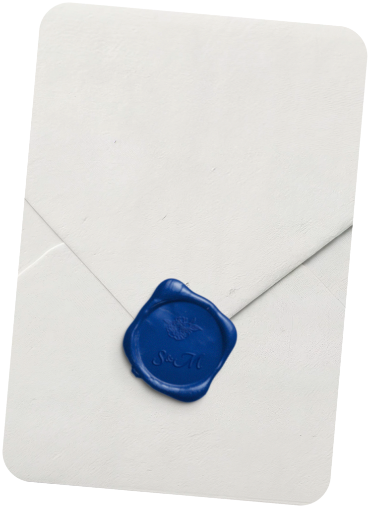 Transparent envelope overlay with blue wax seal used in the Dolce Vita digital wedding invitation design – The Modern Invite