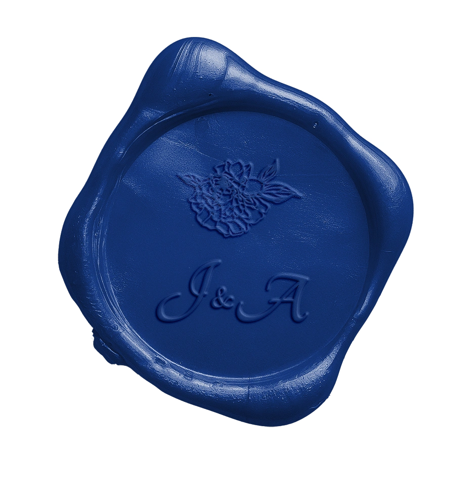 Blue wax seal with floral monogram used in The Modern Invite Dolce Vita digital wedding invitation